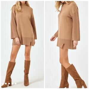 L Space Lacy Dress Camel Ribbed Knit Sweater Tunic M Fall Chic Winter Neutral